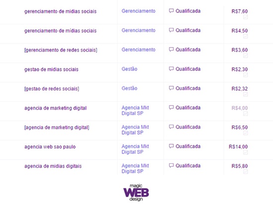 Exemplo de palavras-chaves e seu custo quando a segmentação é para uma agência de Marketing Digital de São Paulo.