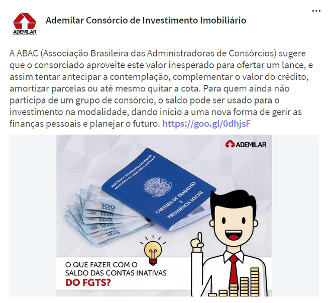 Nas atualizações da Ademilar aparecem divulgações de serviços e informações sobre o setor de consórcio de imóveis e mercado imobiliário