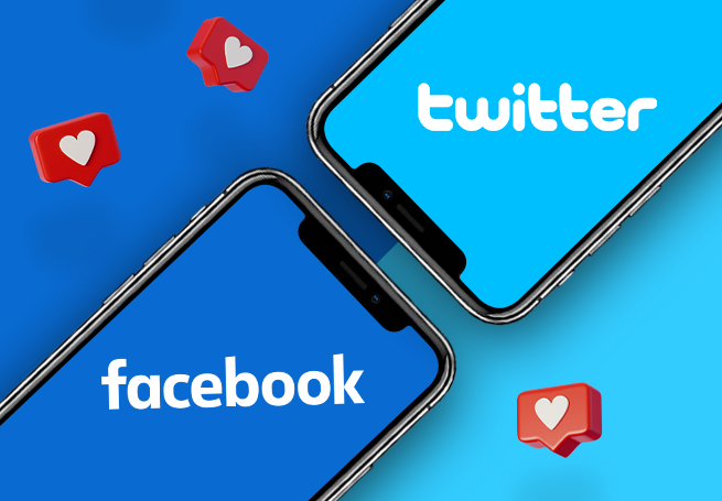 Dois celulares sobre um fundo azul com os logo do Facebook e do Twitter