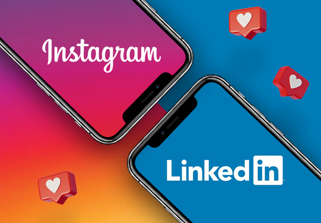 Dois celulares lado a lado com os logos do LinkedIn e do Instagram 