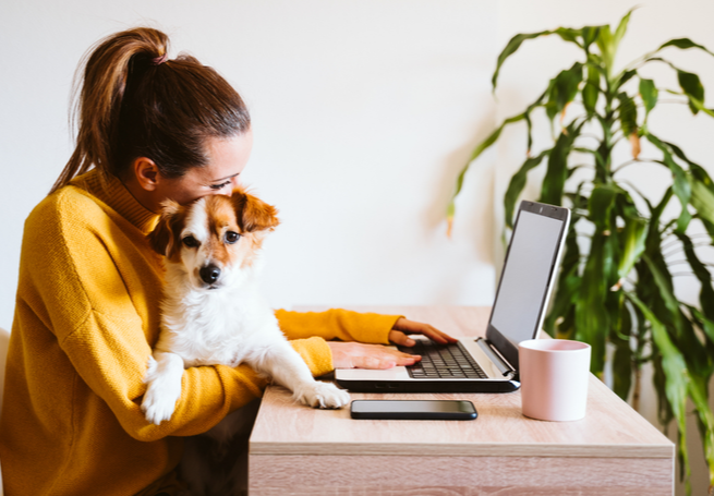 Mulher segurando cão enquanto trabalha home office